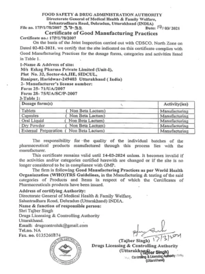 Certificate of Good Manufacturing Practices