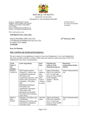 Food Supplements List - Republic of Kenya